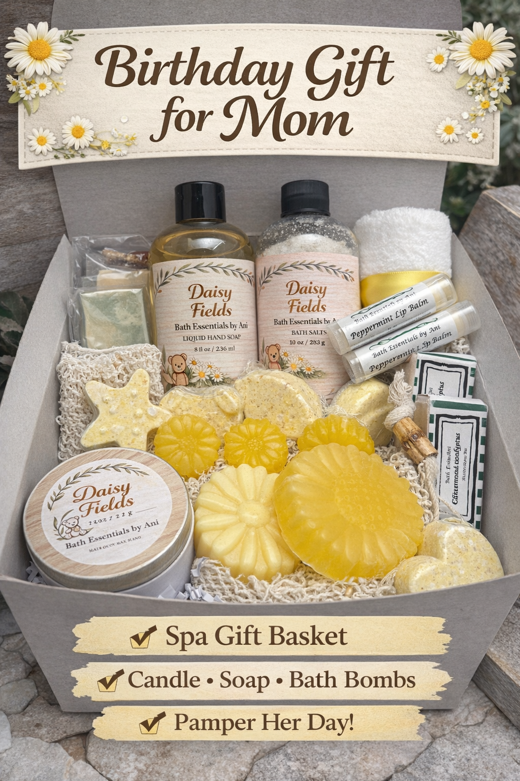 Spa gift basket with yellow daisy soaps, bath bombs, and candle, gift banner included