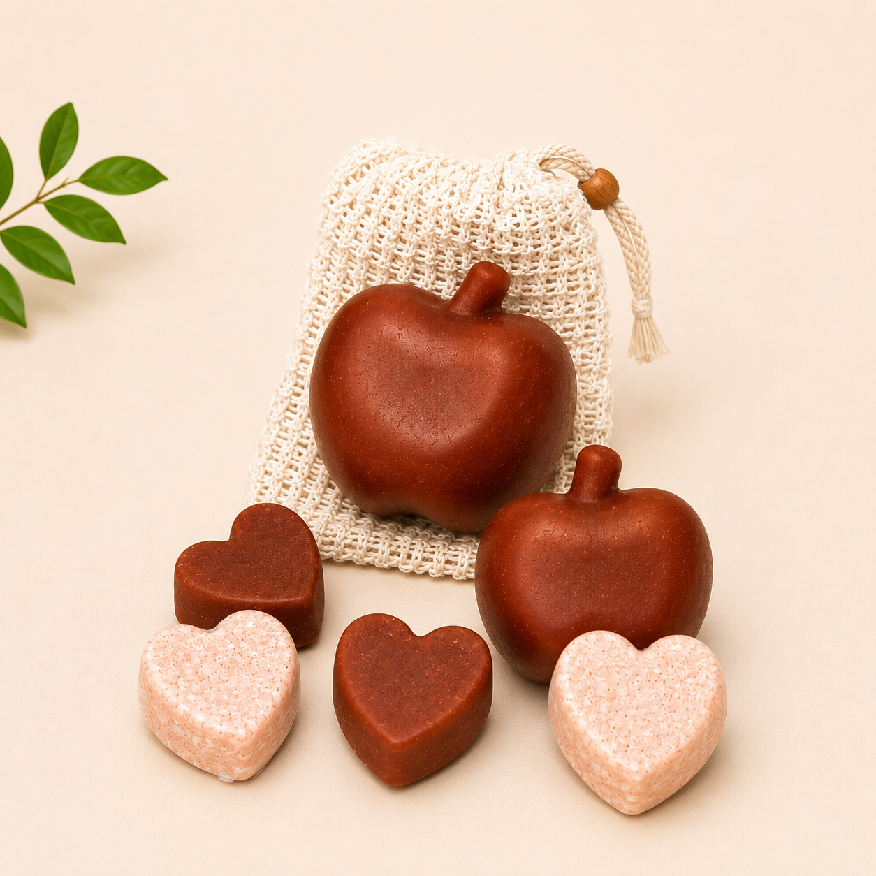 Self care gift set with apple-shaped soap, heart soaps, and pink bath bombs