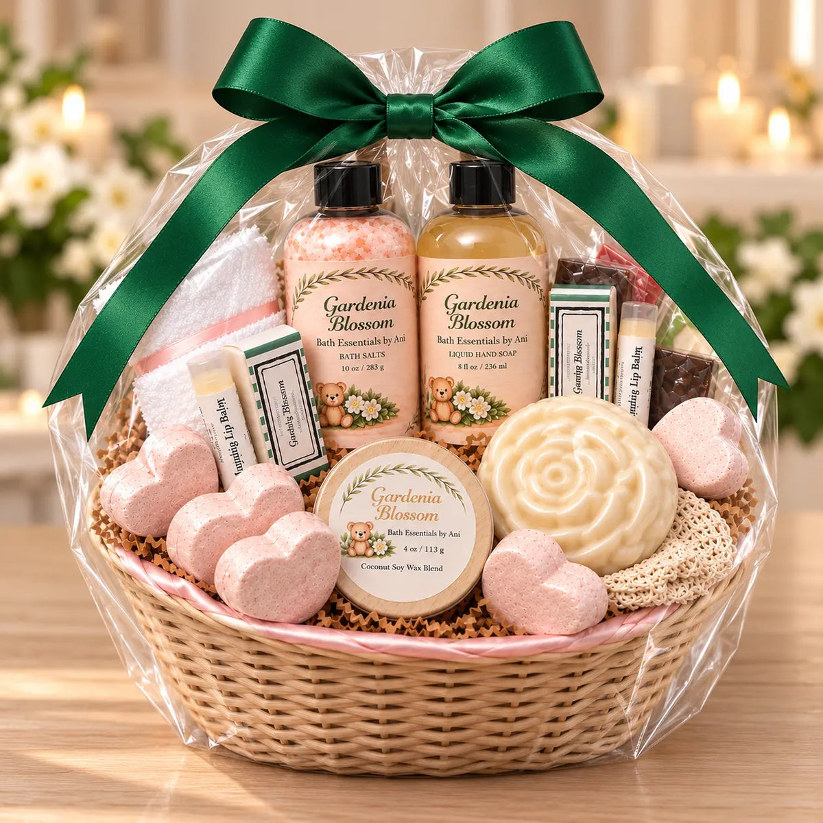 Spa gift basket with green ribbon holding gardenia bottles, candle, heart soaps, and flower soap