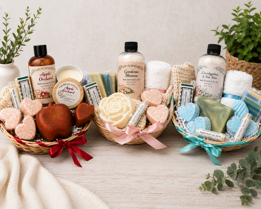 Spa gift basket with assorted bath products: soap bars, bath bombs, and scented bottles.