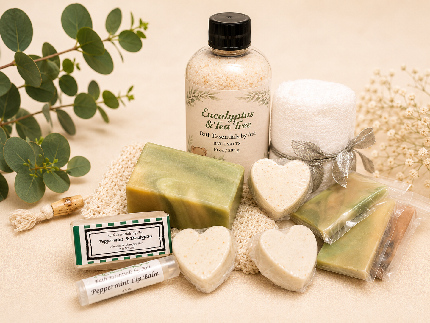 Bath gift box set with green soap bar, heart soaps, and bundled accessories