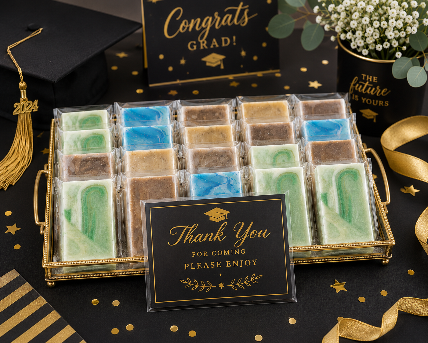 Handmade mini soaps gift pack with assorted color wrapped bars and thank you card