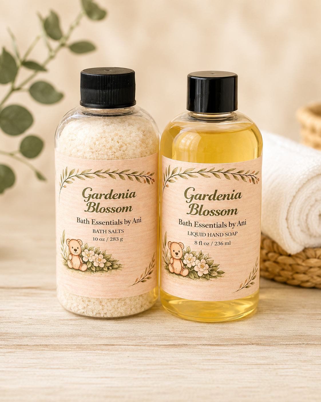 Gardenia Blossom bath salts jar and liquid hand soap bottle with floral labels.