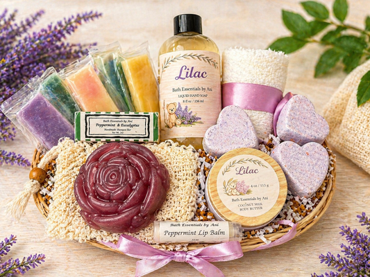 Lilac spa gift basket with bath bombs, soap bars, and lip balm in a wicker tray