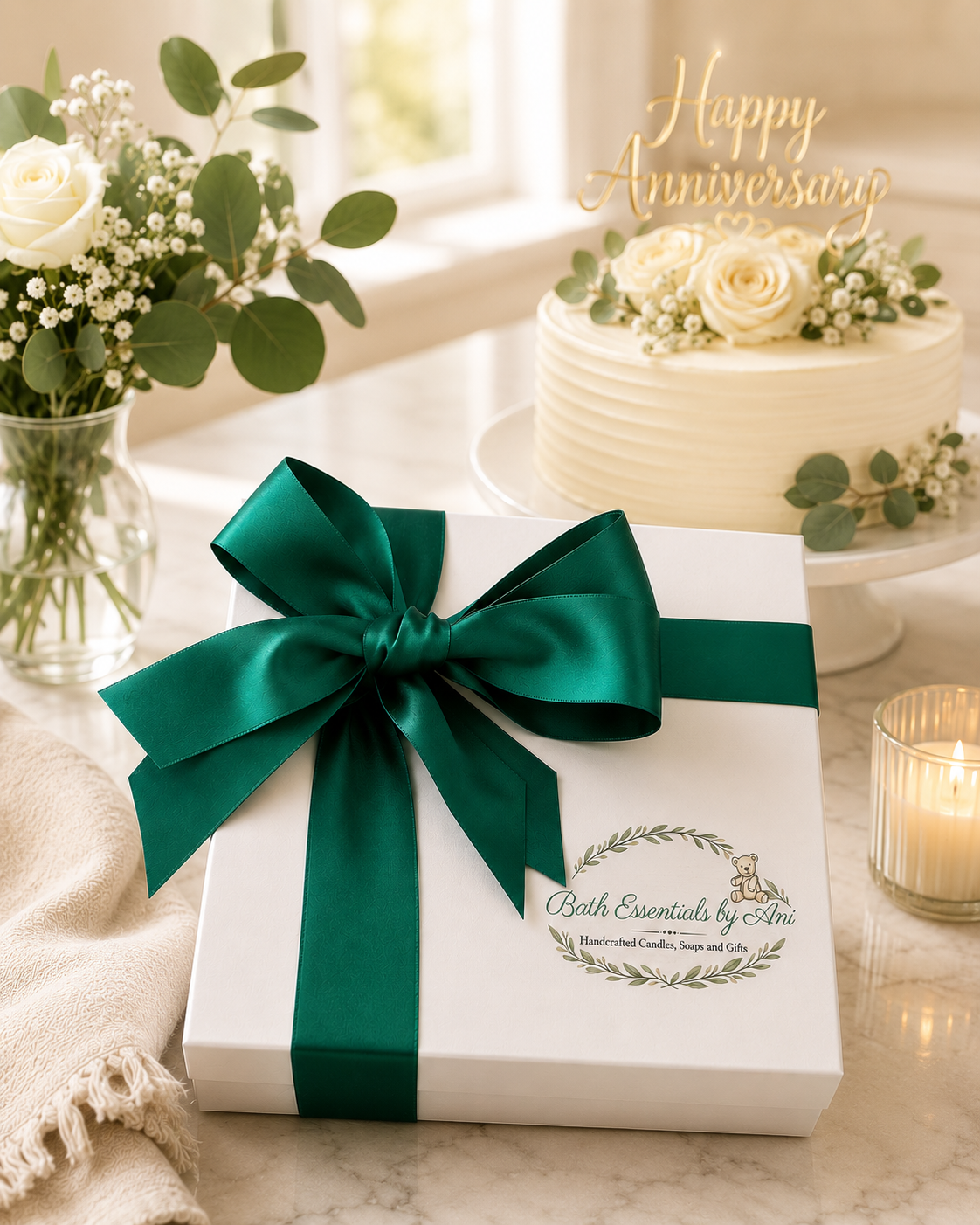Yellow daisy bath gift box with green ribbon bow and decorative label on front