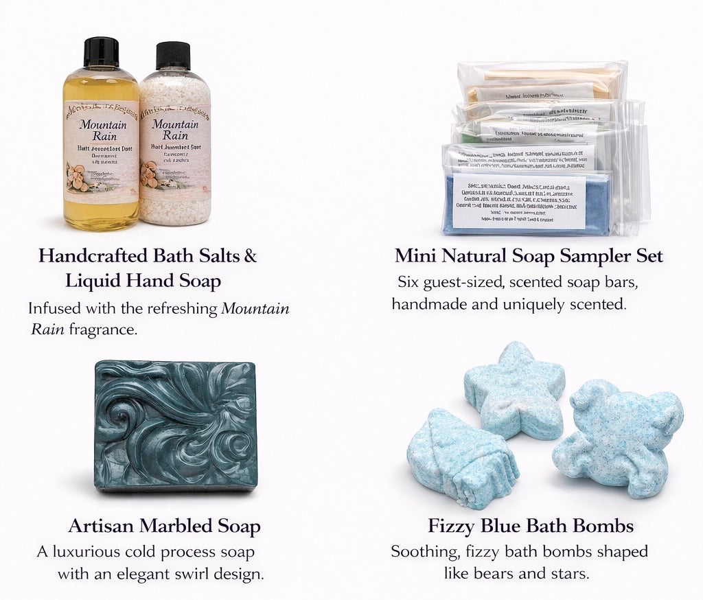 Handmade bath set with blue soap bars, bath bombs, and labeled soap bottles
