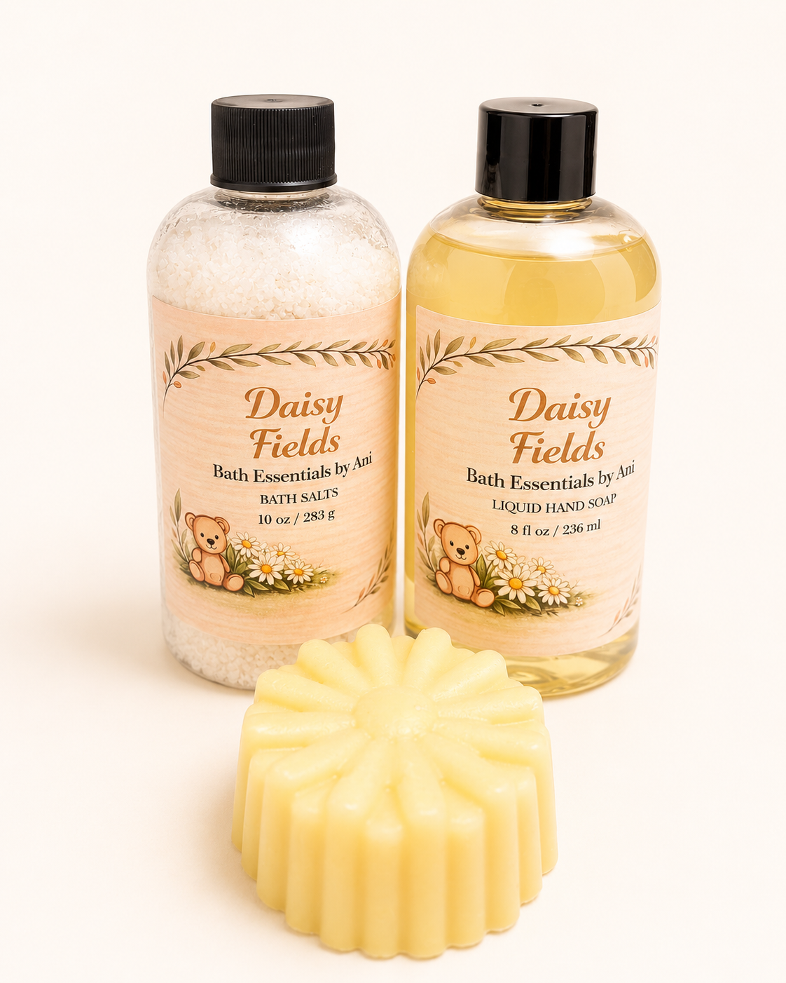 Daisy Fields liquid hand soap bottles and yellow flower bar soap