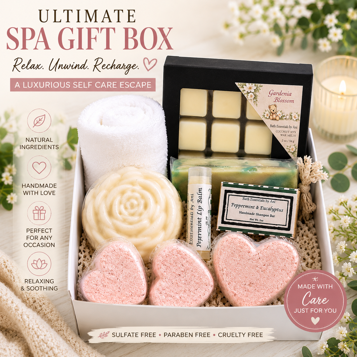 Spa bath gift box with wax melt squares, heart bath bombs, swirl soap, lip balm, towel roll