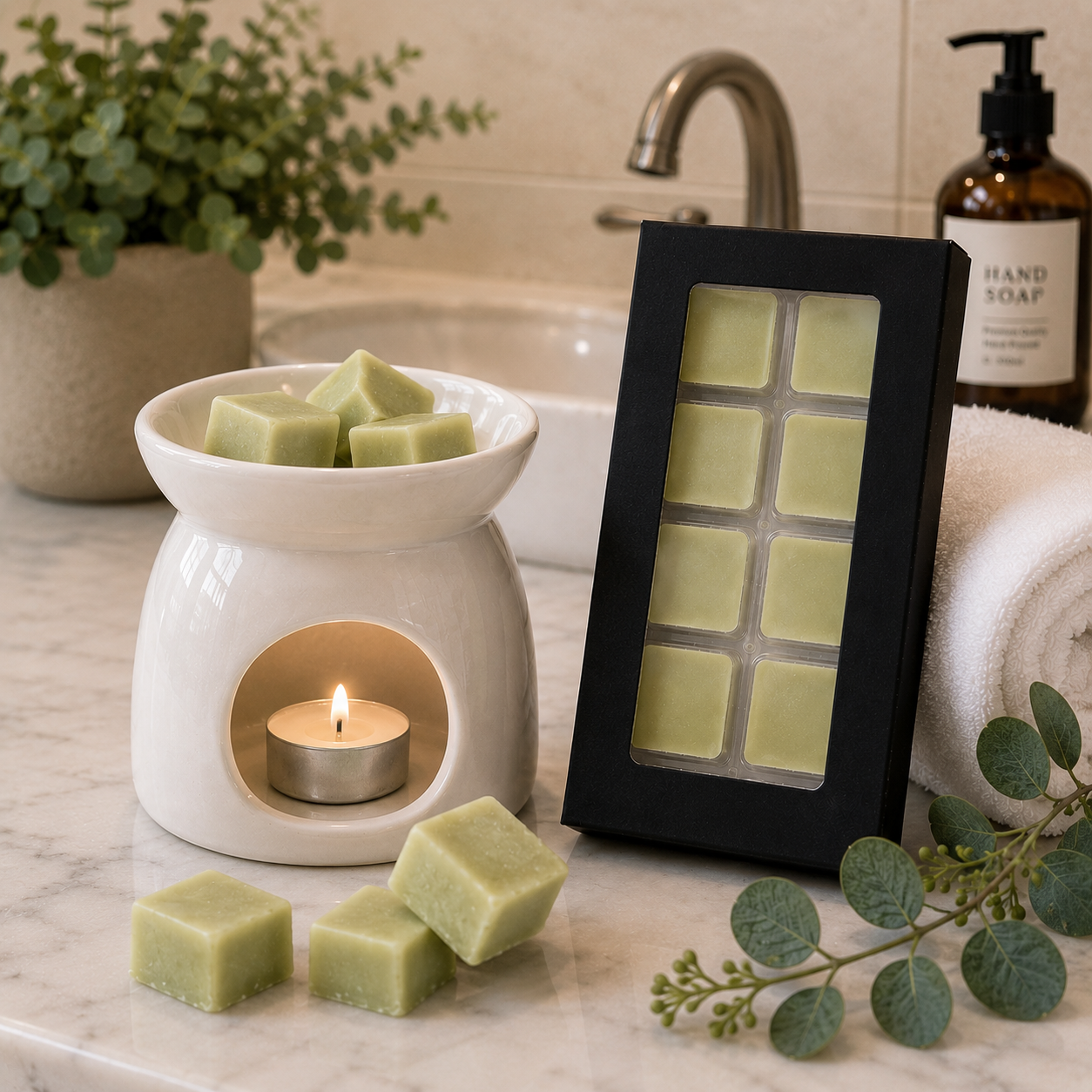 Gift box with soap grid, soap cubes, and a candle warmer in a bathroom setting