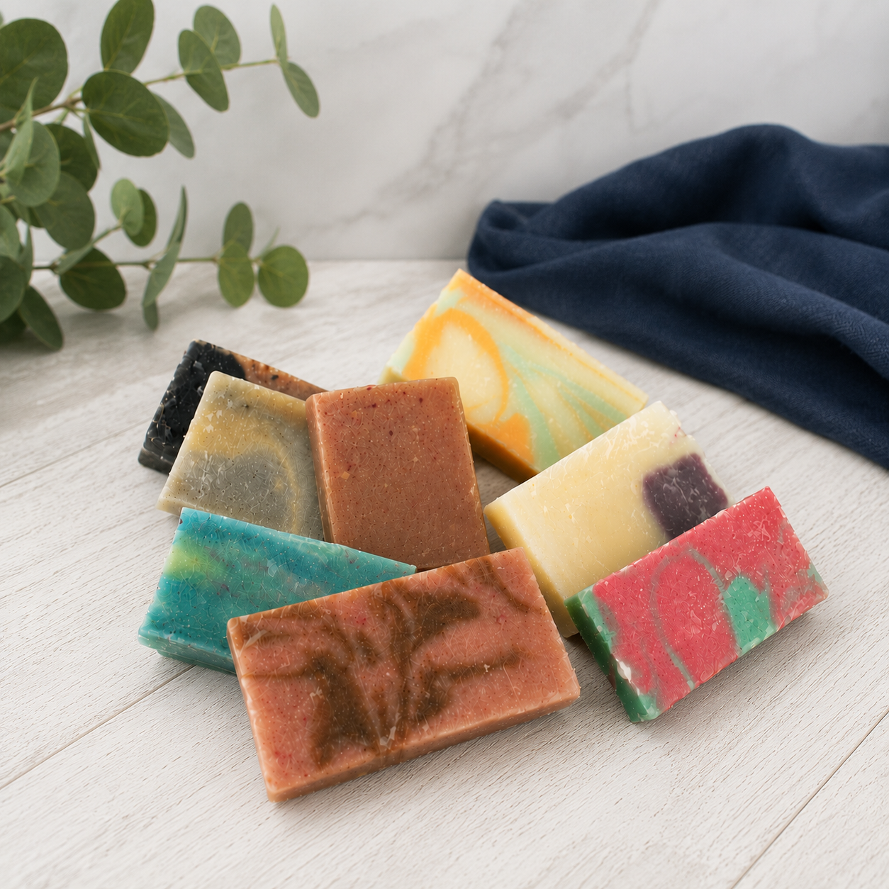 Assorted mini soap bars in red, green, blue, orange, and pale yellow blocks