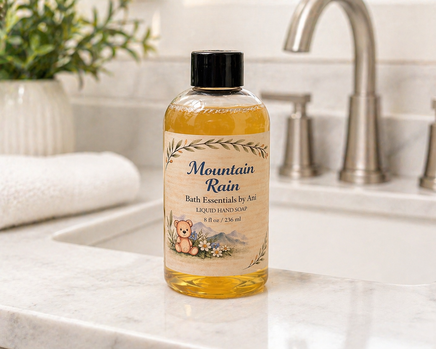 Amber liquid hand soap bottle with botanical label and black pump top