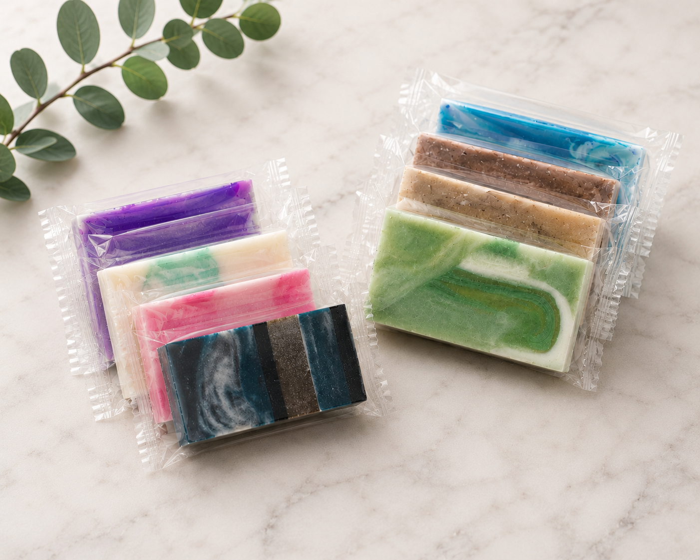 Handmade travel-size soap bars sampler with individually wrapped bars in clear plastic