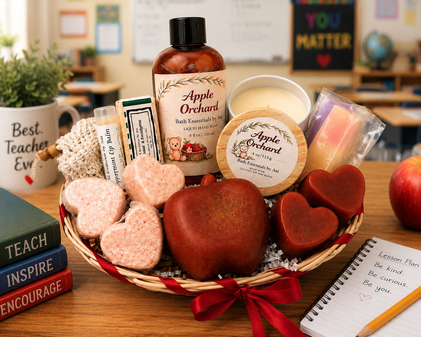 Bath essentials gift basket with heart soaps, candle, and body wash bottles