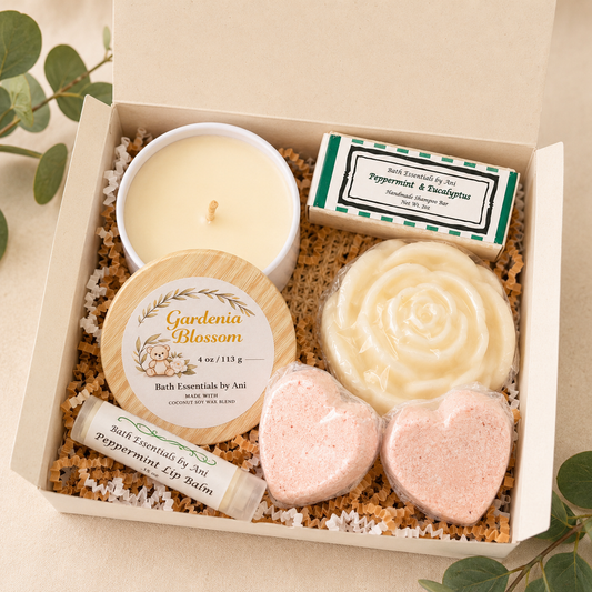 Self care gift box with candle, Gardenia Blossom wax soap round, heart soaps, and bar soap
