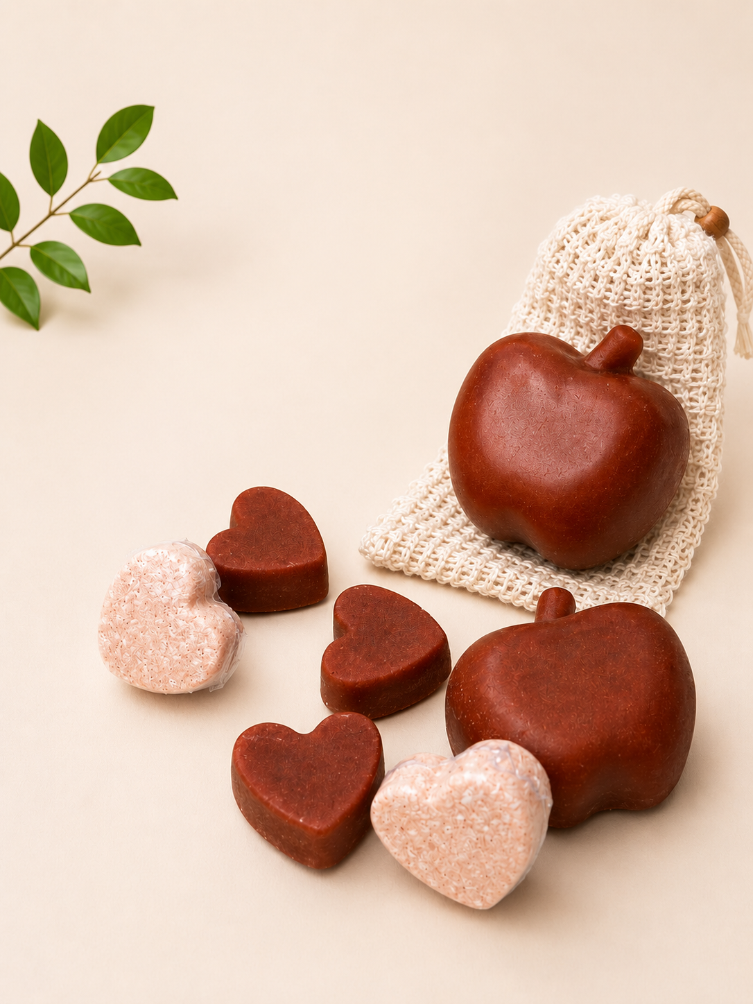 Heart-shaped bath soaps in brown and pink tones with mesh pouch and small soap pieces