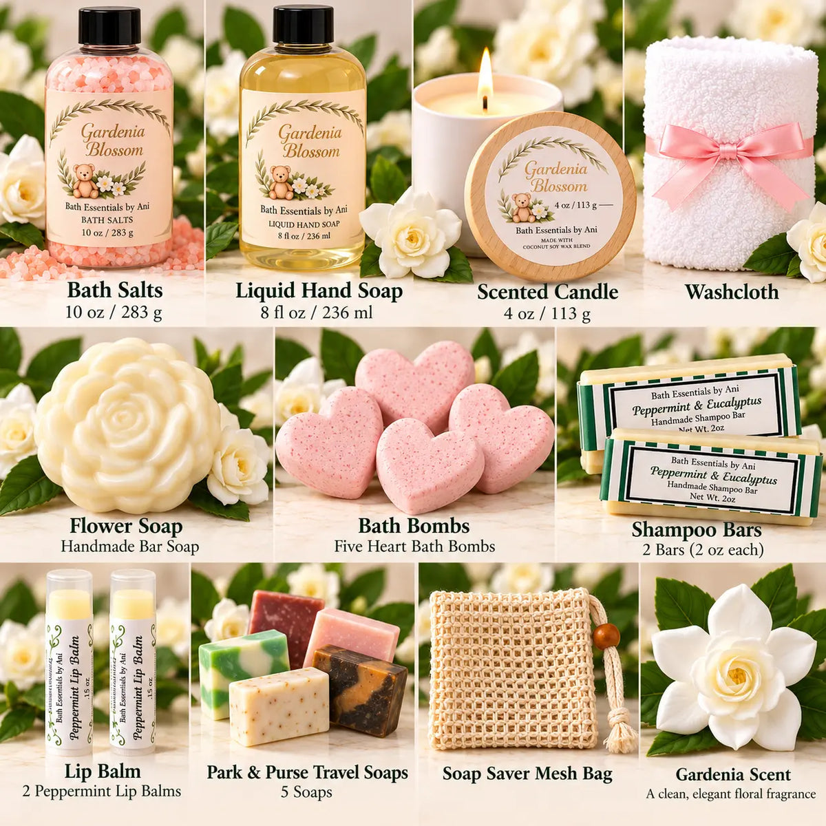 Gardenia blossom bath gift set assortment: bath salts, hand soap, candle, washcloth, soaps