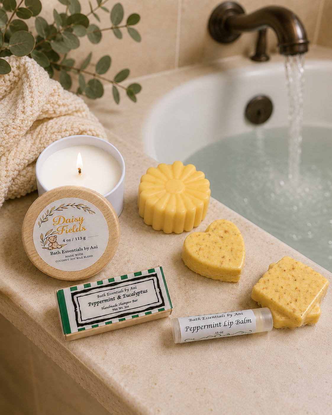 Bath essentials set with candle, flower-shaped soap, soap bars, and lip balm