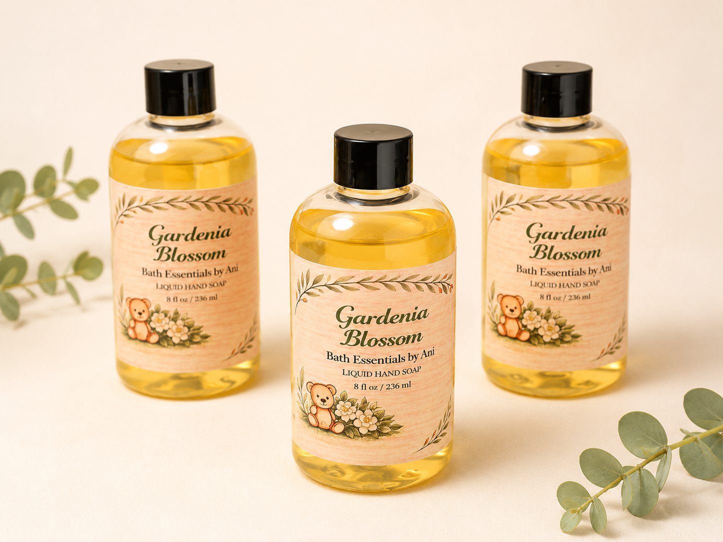 Gardenia Blossom bath essentials bottles set with three matching pump bottles