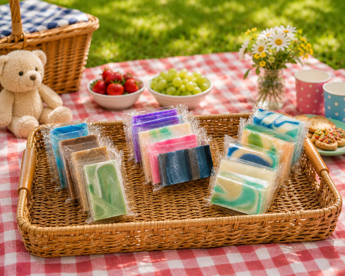 Assorted wrapped mini soap bars in woven trays on a picnic table