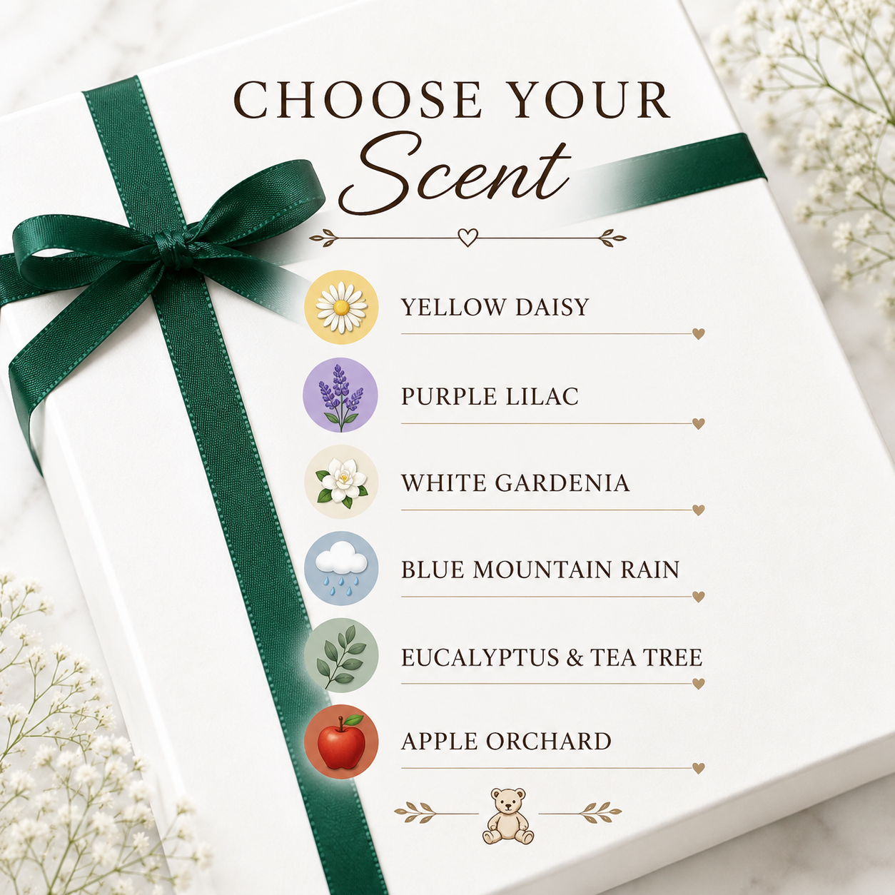 Gift box with green ribbon and a scent selection card: yellow daisy, lilac, gardenia.