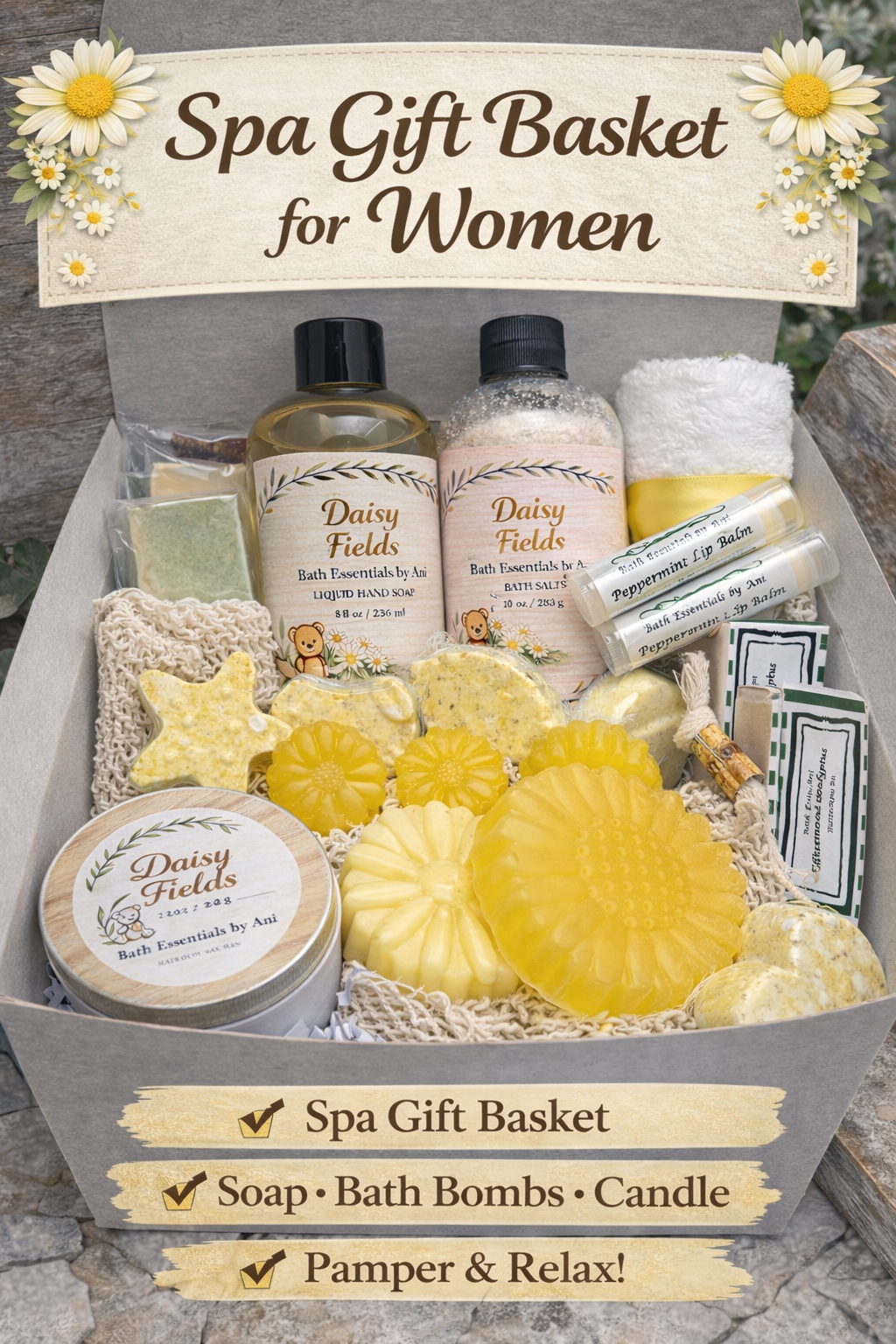 Yellow spa gift basket with daisy-themed soap bars, bath bombs, and candle in a box