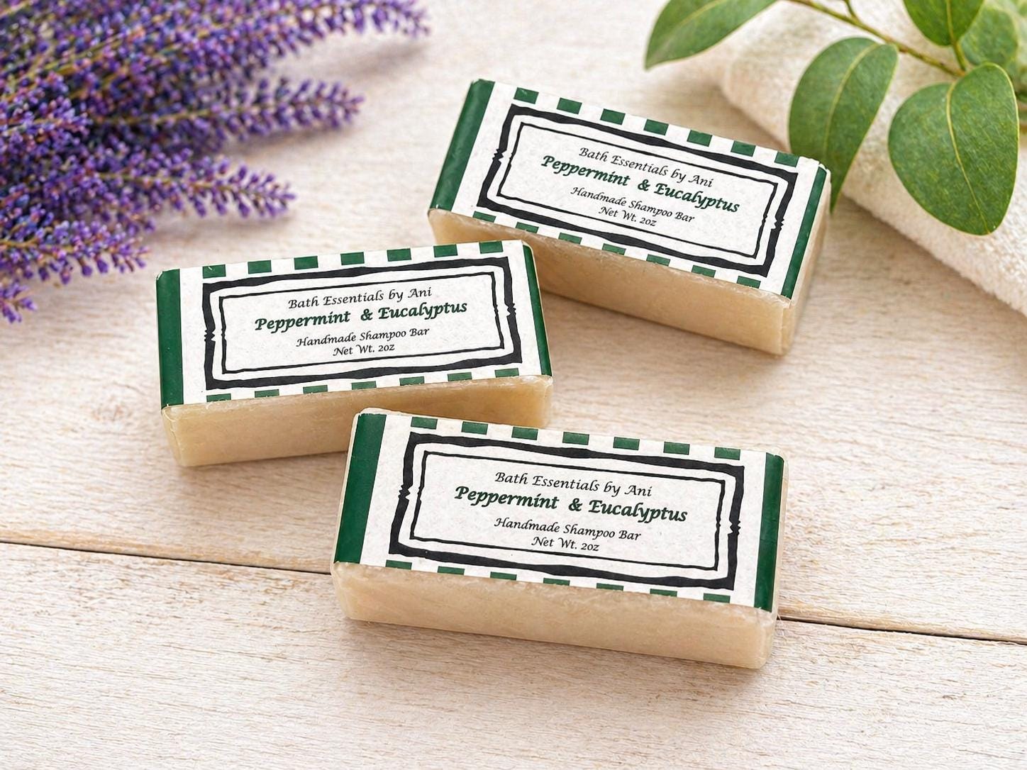 Peppermint & eucalyptus bath essentials set with wrapped bars and soap bars