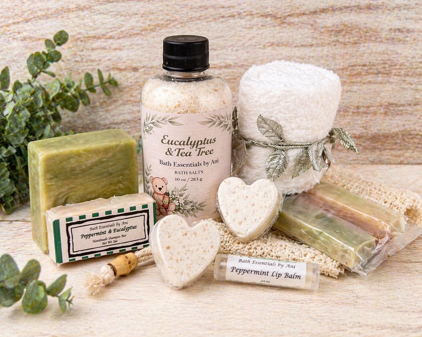 Bath gift set tray with soap bars, heart bath fizzies, and peppermint lip balm tube