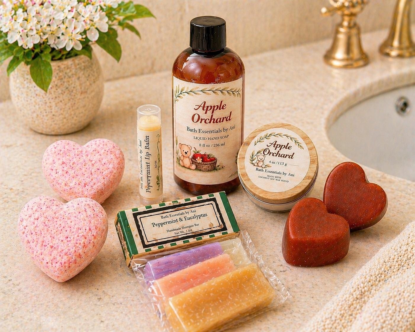 Bath gift basket with Apple Orchard bath essentials: bottle, pink heart soaps, and bath bars.