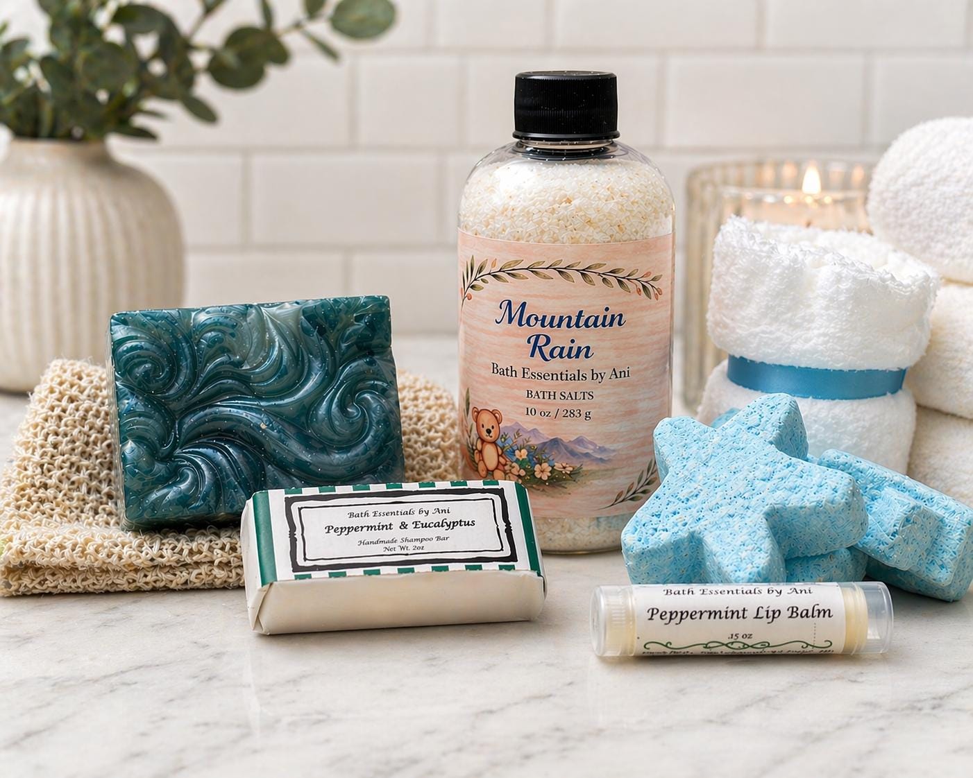Self-care spa gift basket with blue handmade soap, bath salts bottle, washcloth, and bath bombs