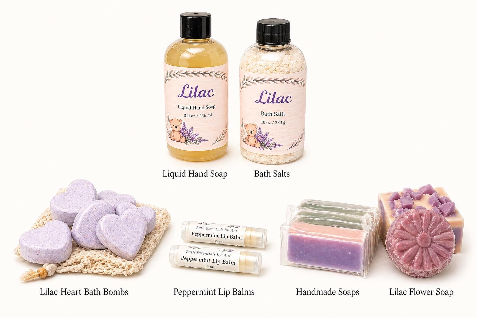 Lilac bath gift set with liquid hand soap, bath salts, heart bath bombs, lip balms
