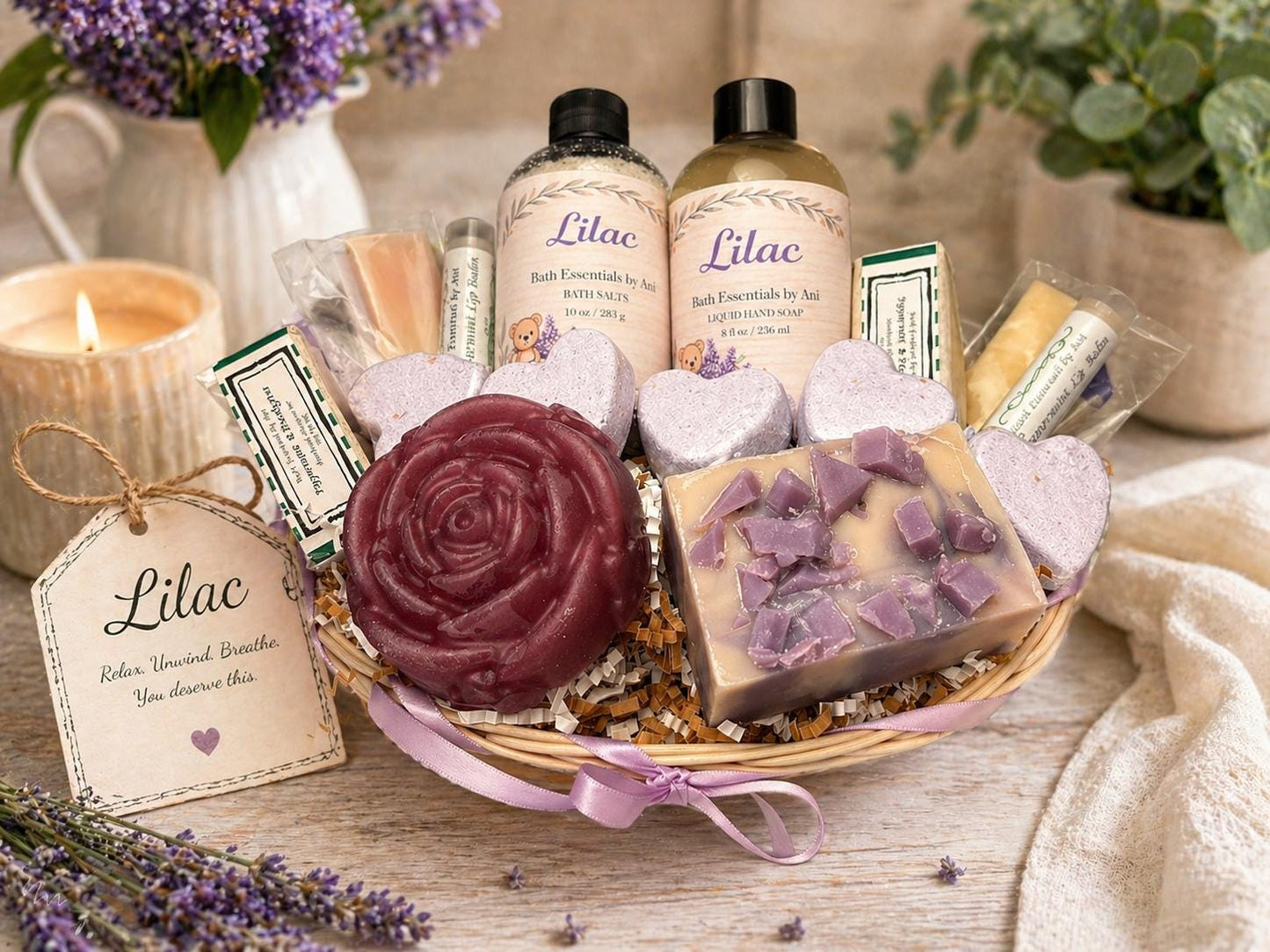 Lilac bath gift basket with rose-shaped soap, lilac bottles, and assorted soap bars