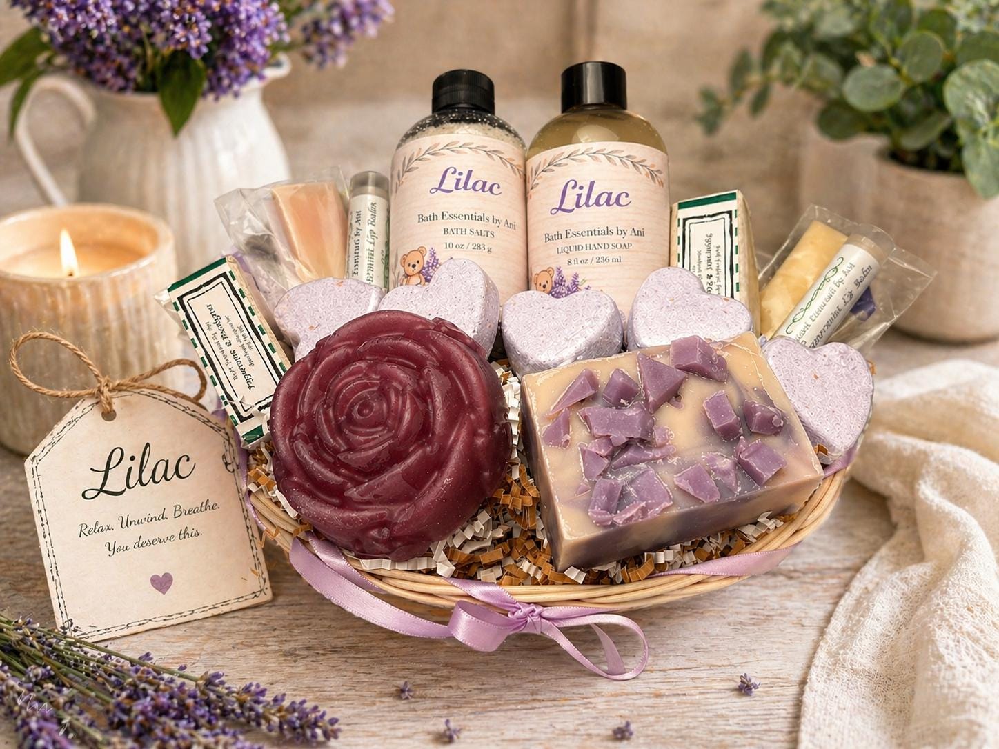Lilac bath gift basket with rose-shaped soap, lilac bottles, and assorted soap bars