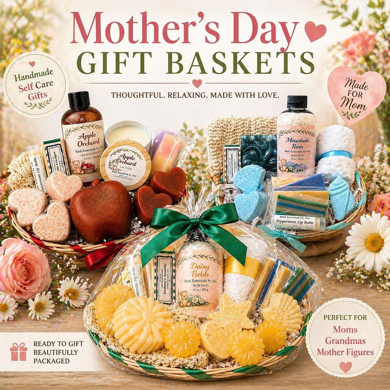 Spa gift basket with handmade soap, bath salts, and bath bombs, tied with ribbon