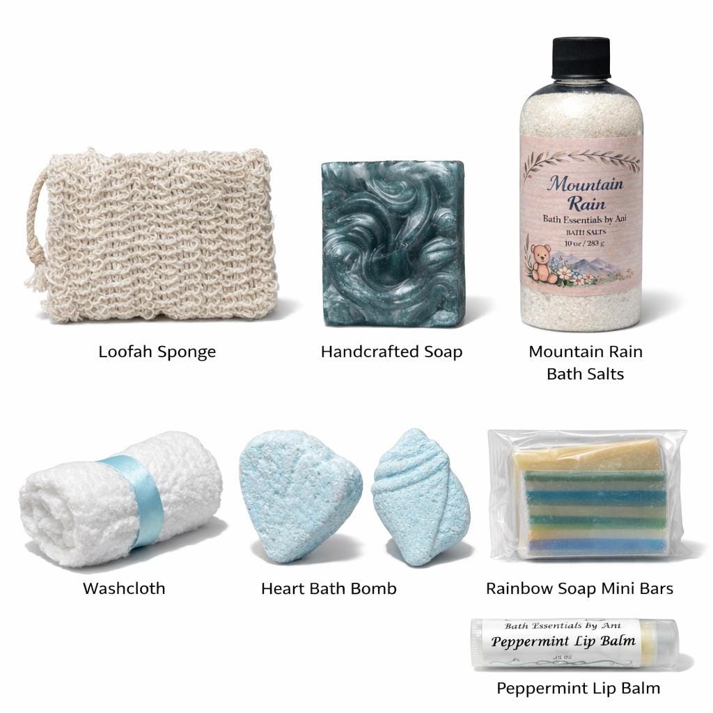 Self-care spa set items: loofah sponge, blue handcrafted soap, bath salts, bath bombs, balms