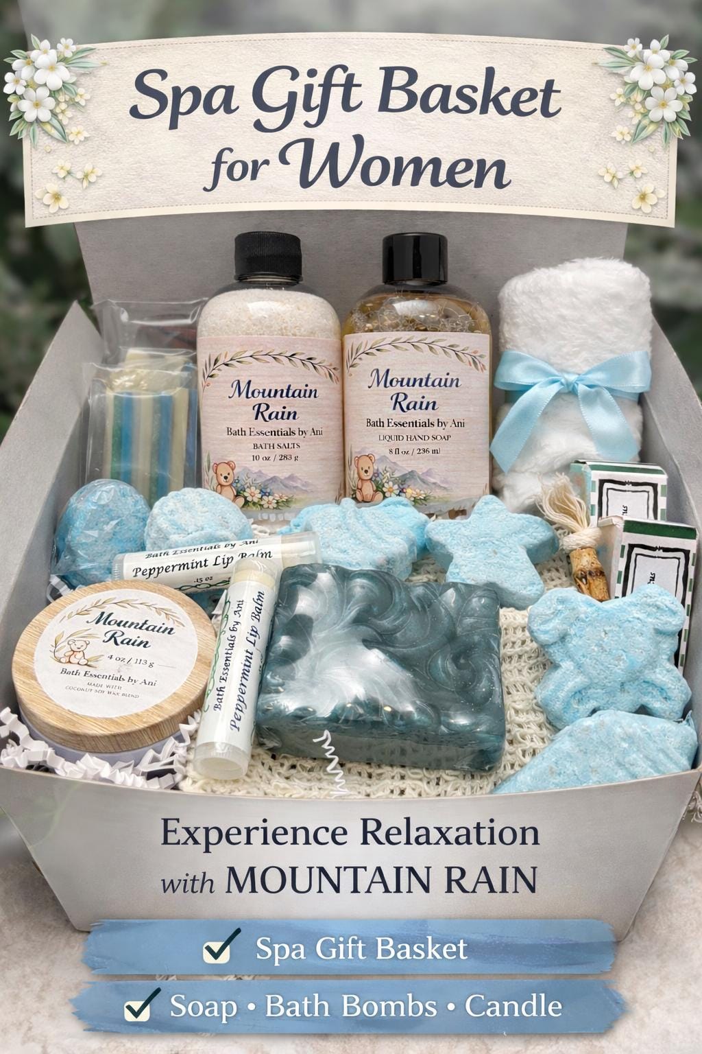 Spa gift basket with blue bath bombs, bath salts bottle, soap bar, and candle