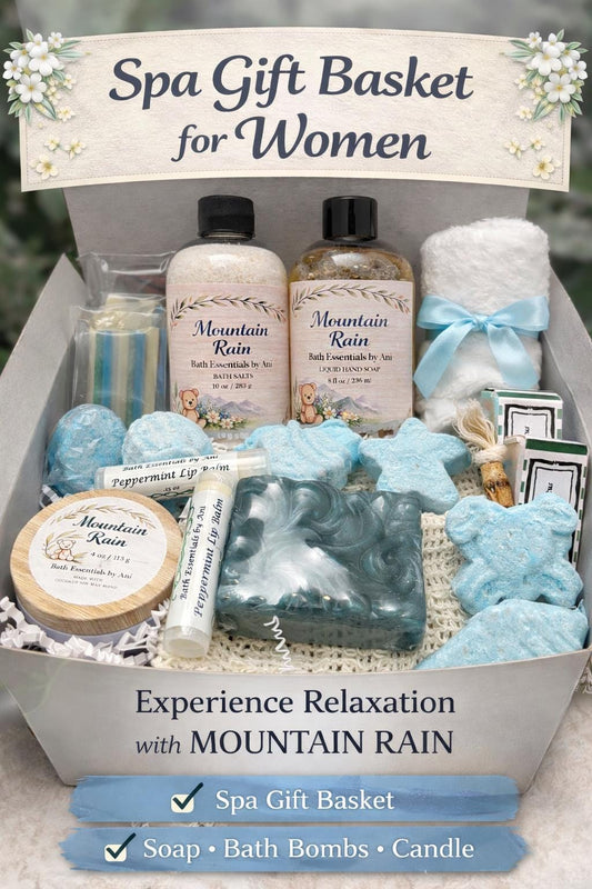 Spa gift basket with blue bath bombs, bath salts bottle, soap bar, and candle