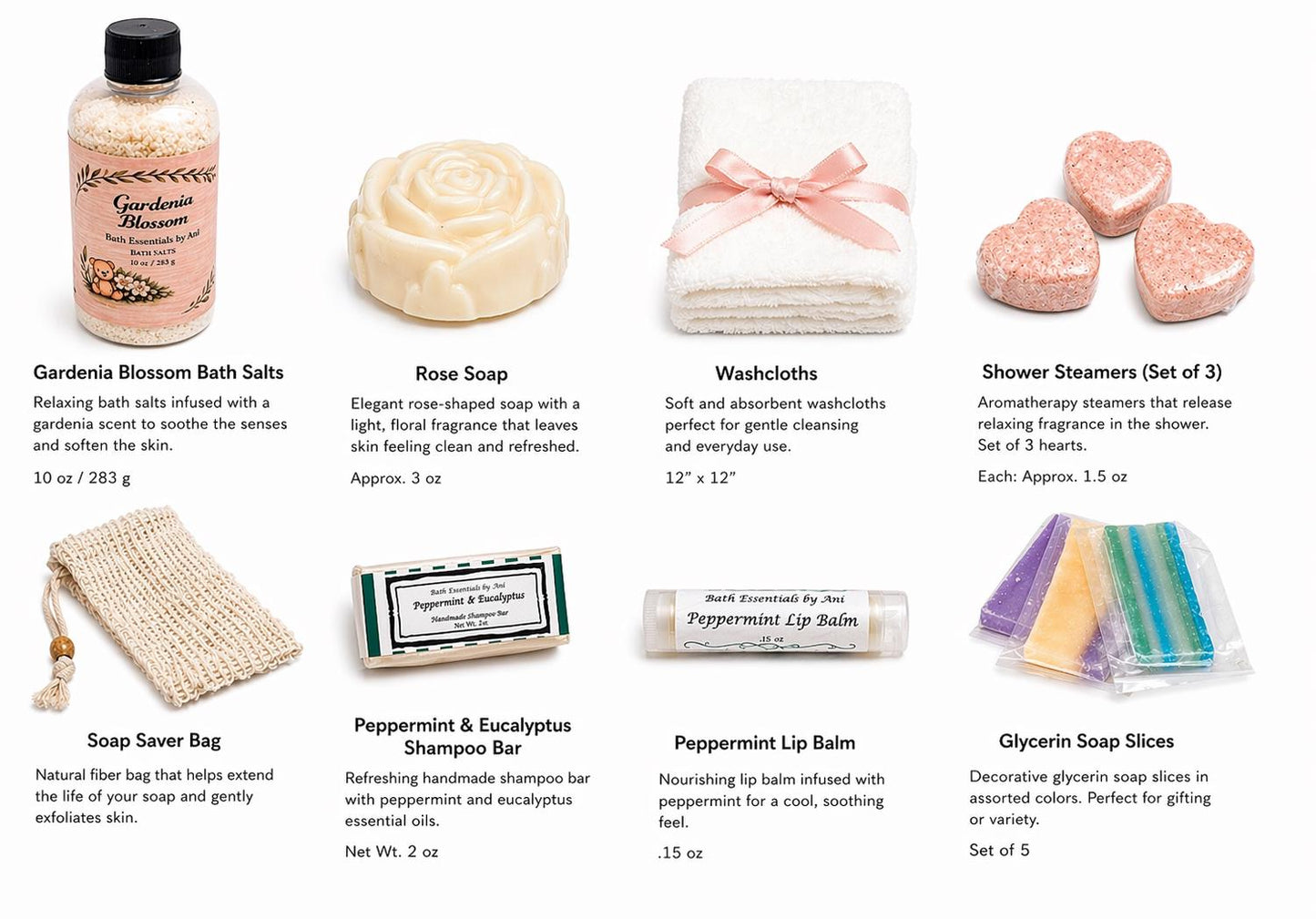 Bath gift set contents shown: bath salts bottle, soaps, shower steamers, and lip balm