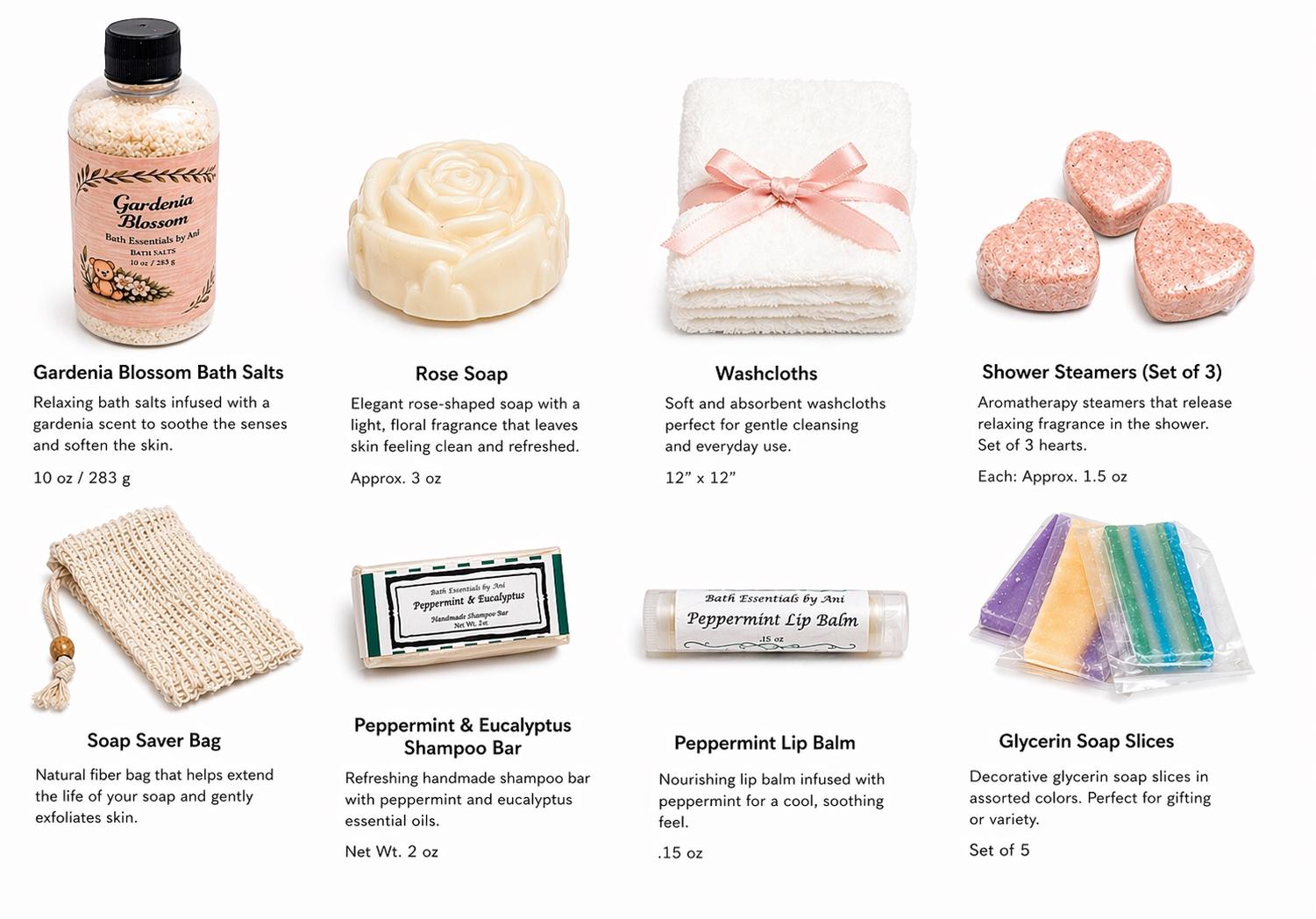 Bath gift set contents shown: bath salts bottle, soaps, shower steamers, and lip balm