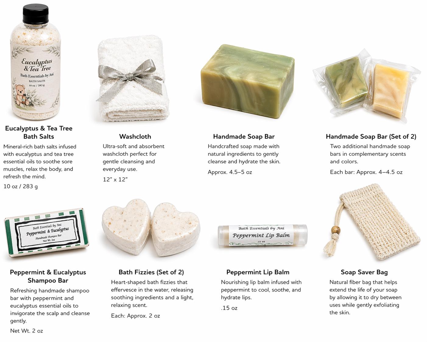 Bath set assortment flat lay: bath salts, soap bars, fizzies, lip balm, washcloth