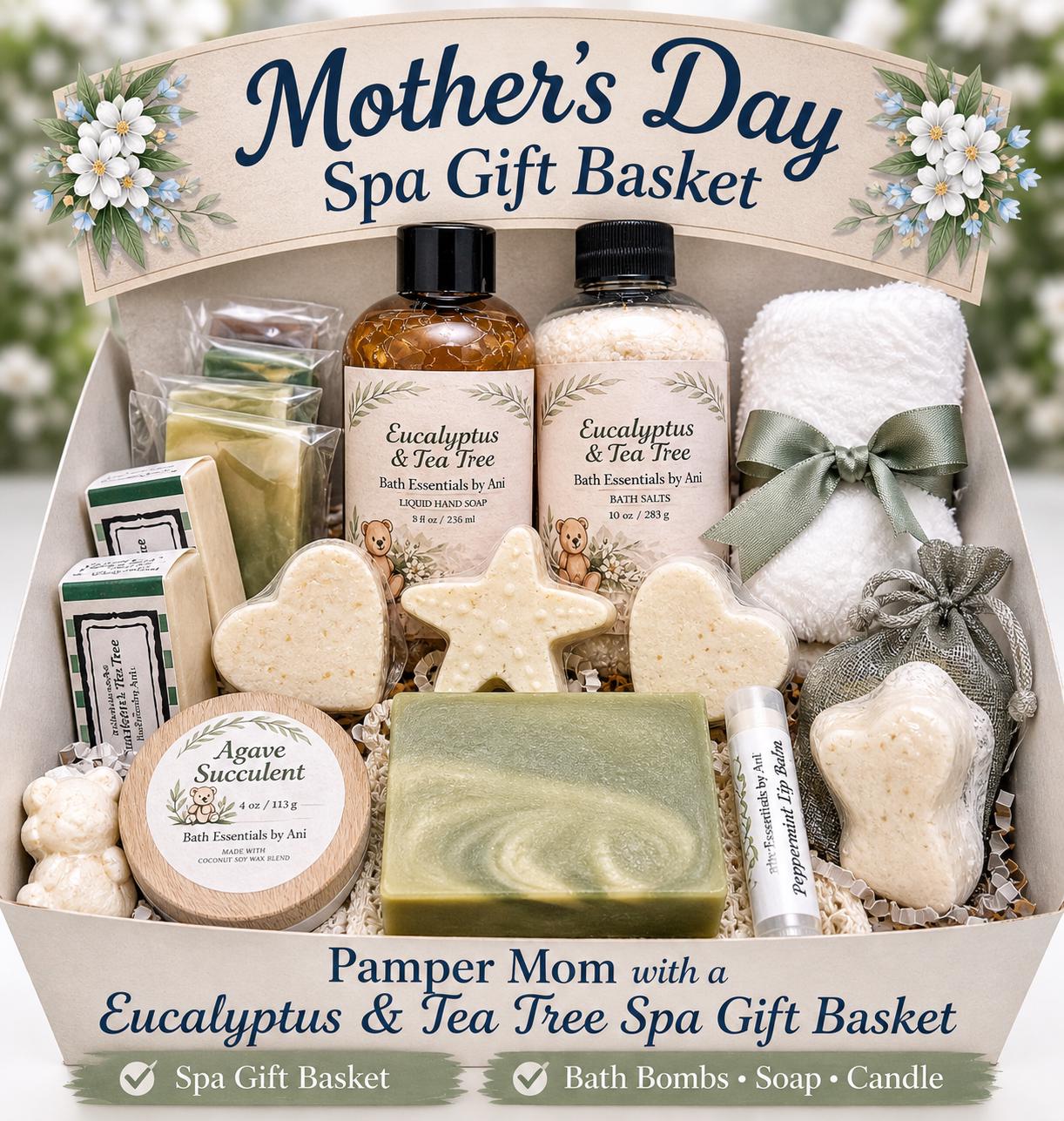 Spa gift basket with eucalyptus bath bottles, bath bombs, soap bars, and green soap slab