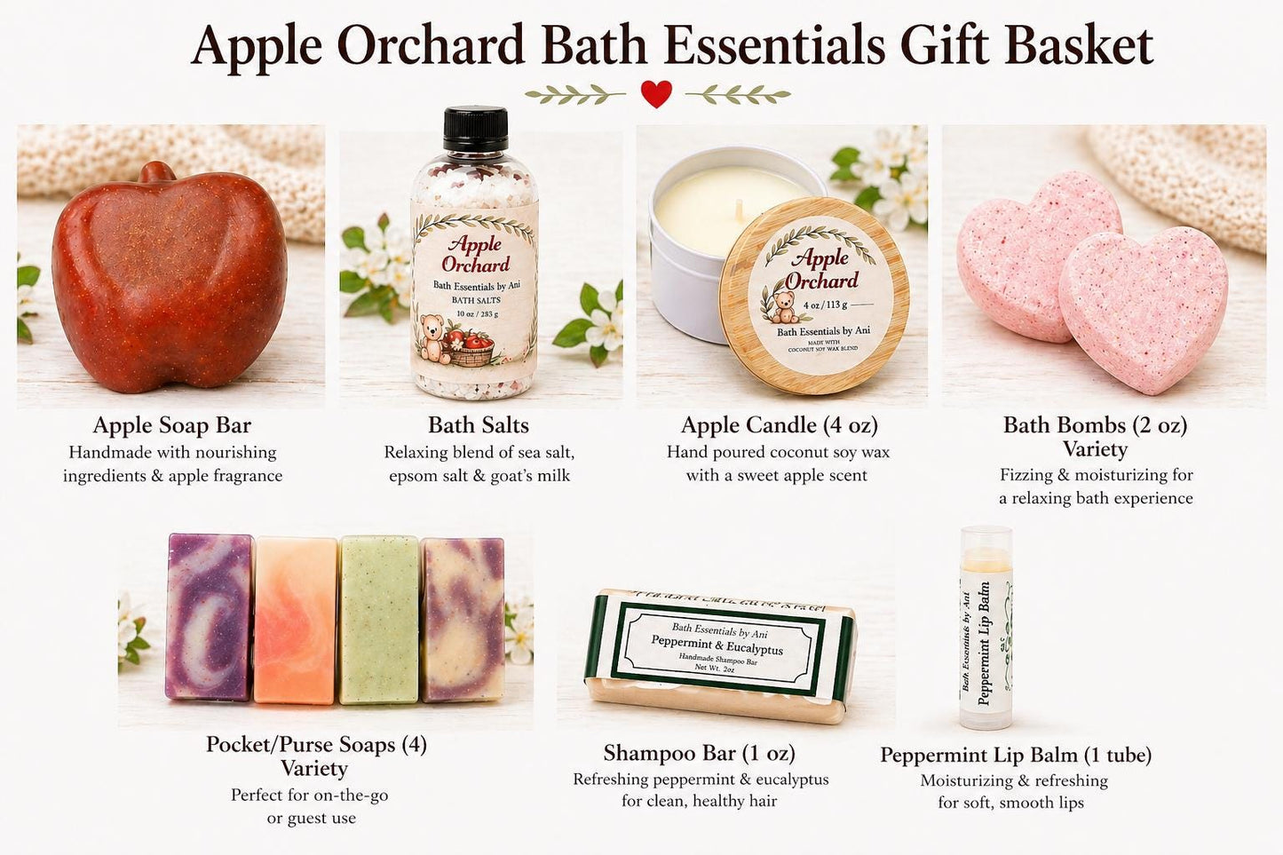 Apple Orchard bath essentials gift basket with candle, bath salts, soap bars, and balms