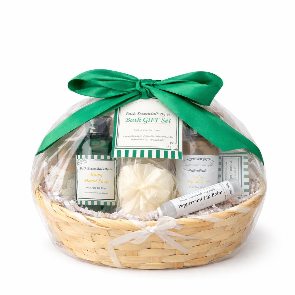 Spa gift basket set in clear wrap tied with a green ribbon, assorted bath items