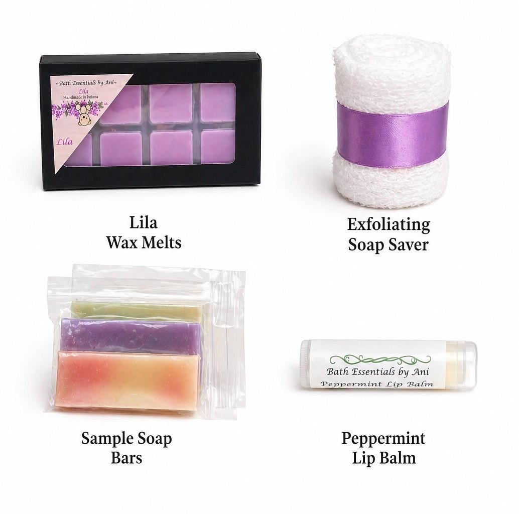 Assorted self-care set: lilac wax melts box, soap bars, soap saver, and lip balm