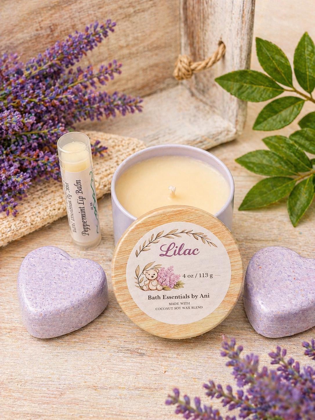 Lilac spa gift set with round candle tin, purple bath bombs, and lip balm stick