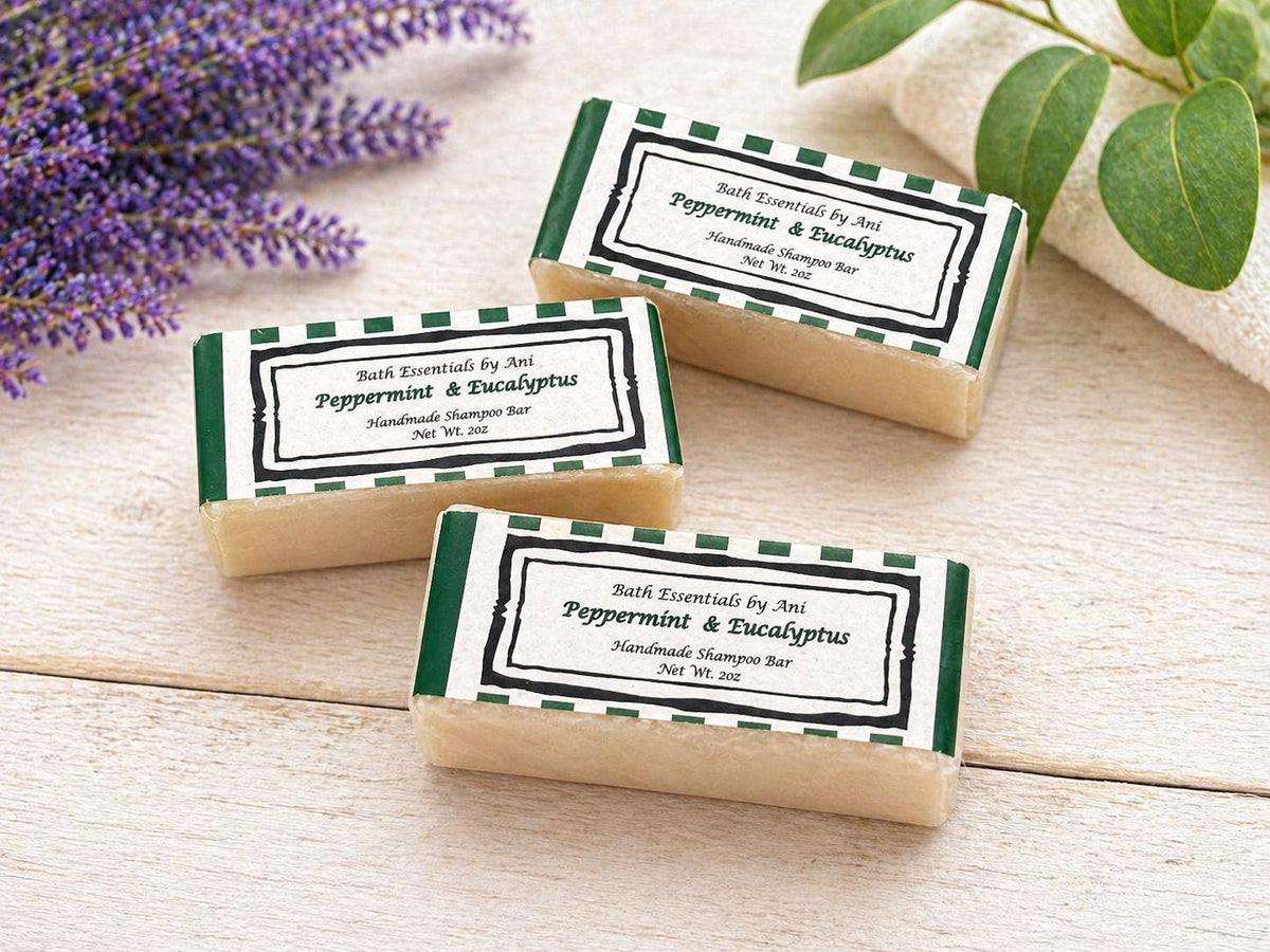 Peppermint and eucalyptus shampoo bars in green-labeled boxes