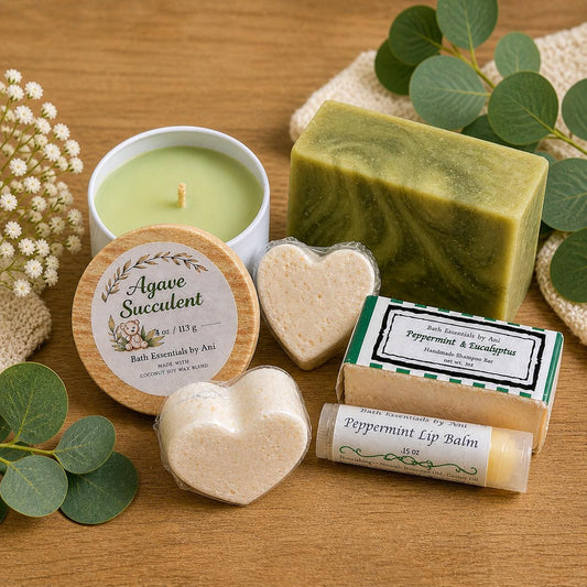 Spa gift set with green soap bars, heart bath items, lip balm, and tealight candle