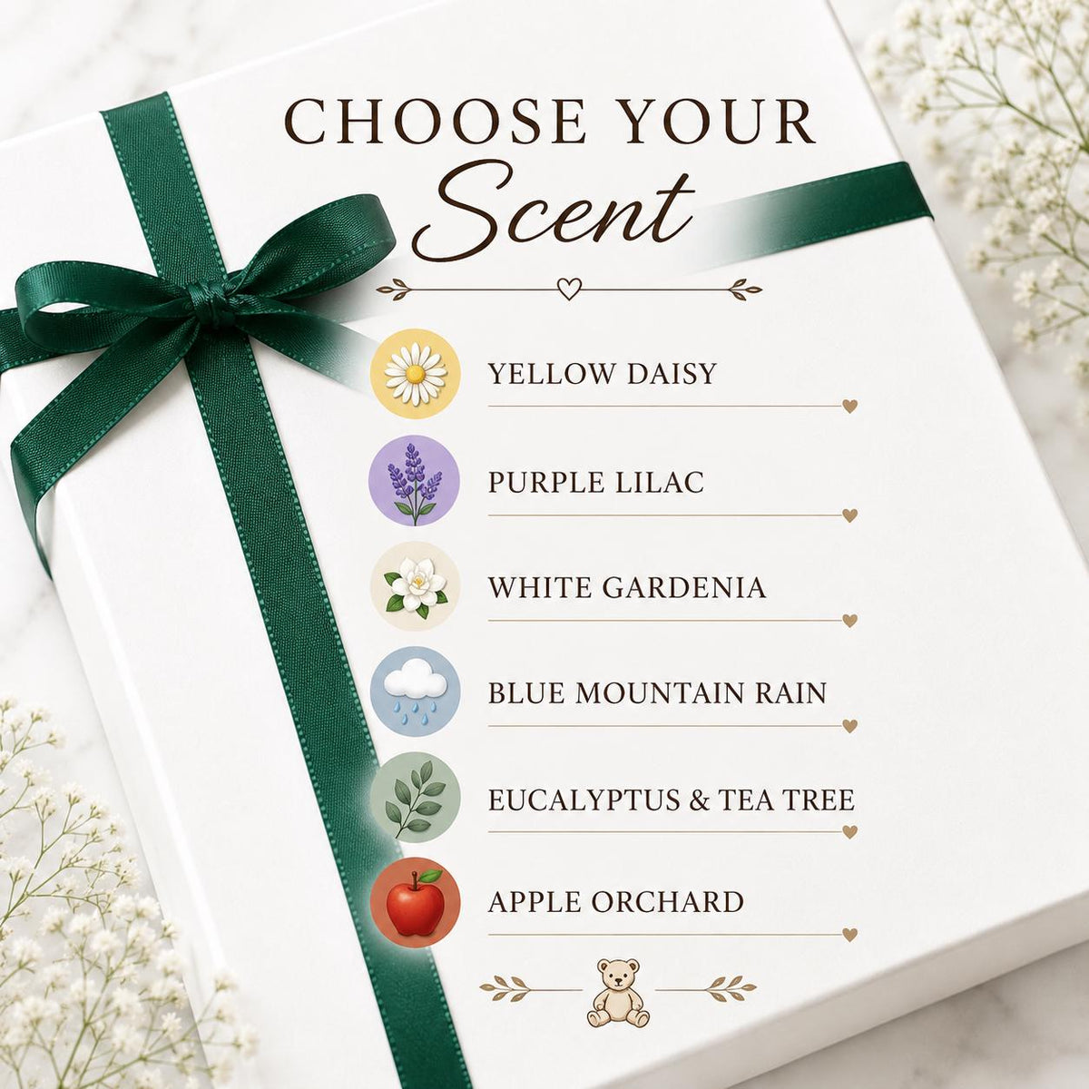 Gift box lid with green ribbon and scent choices: Yellow Daisy, Purple Lilac, White Gardenia.