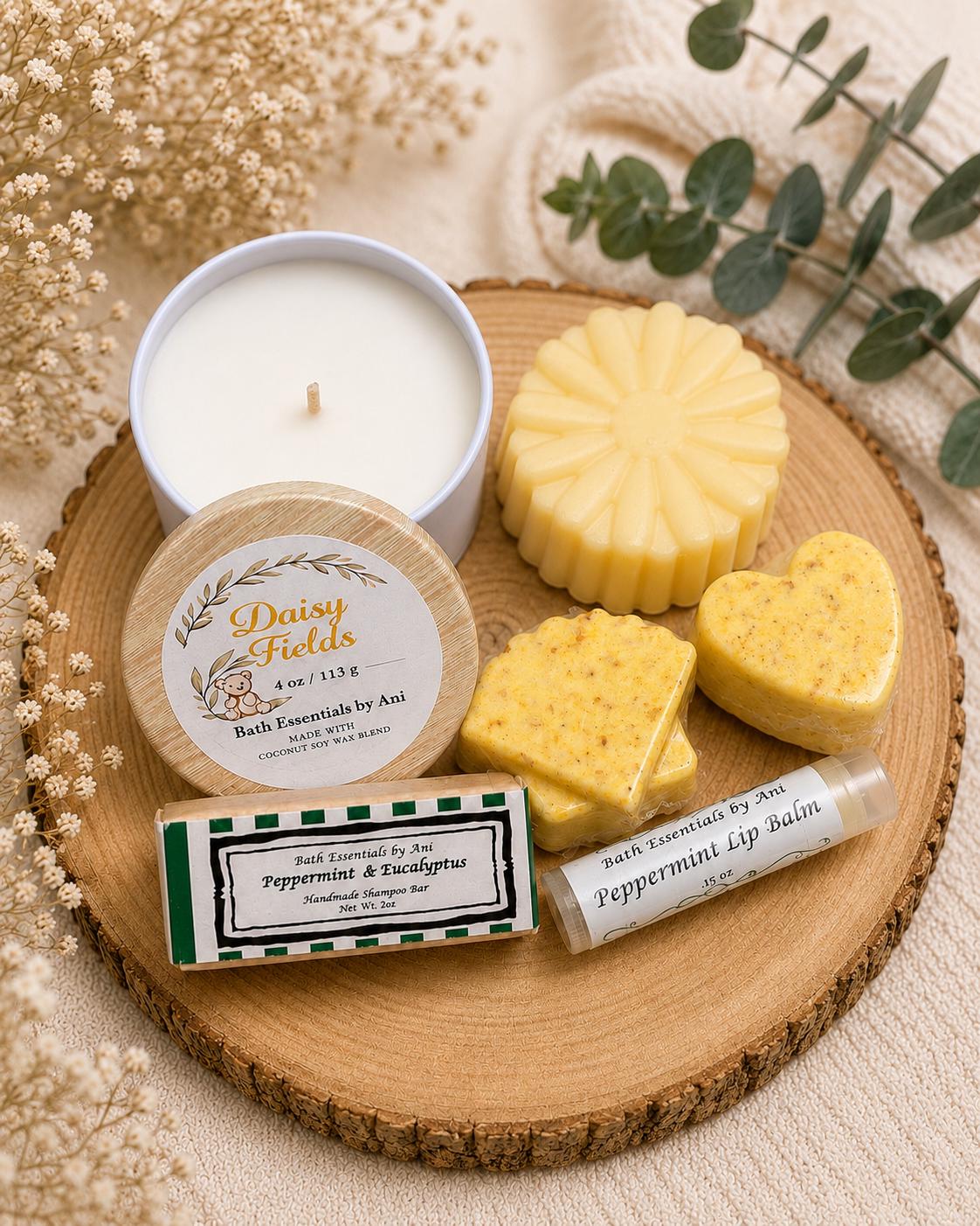 Round wooden tray with yellow soaps, peppermint lip balm, and white candle