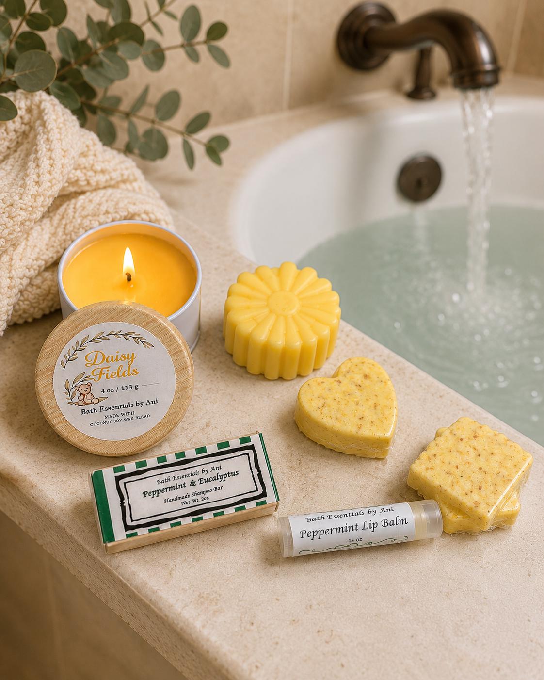 Yellow spa bath set with candle, soap tin, soaps, and peppermint lip balm