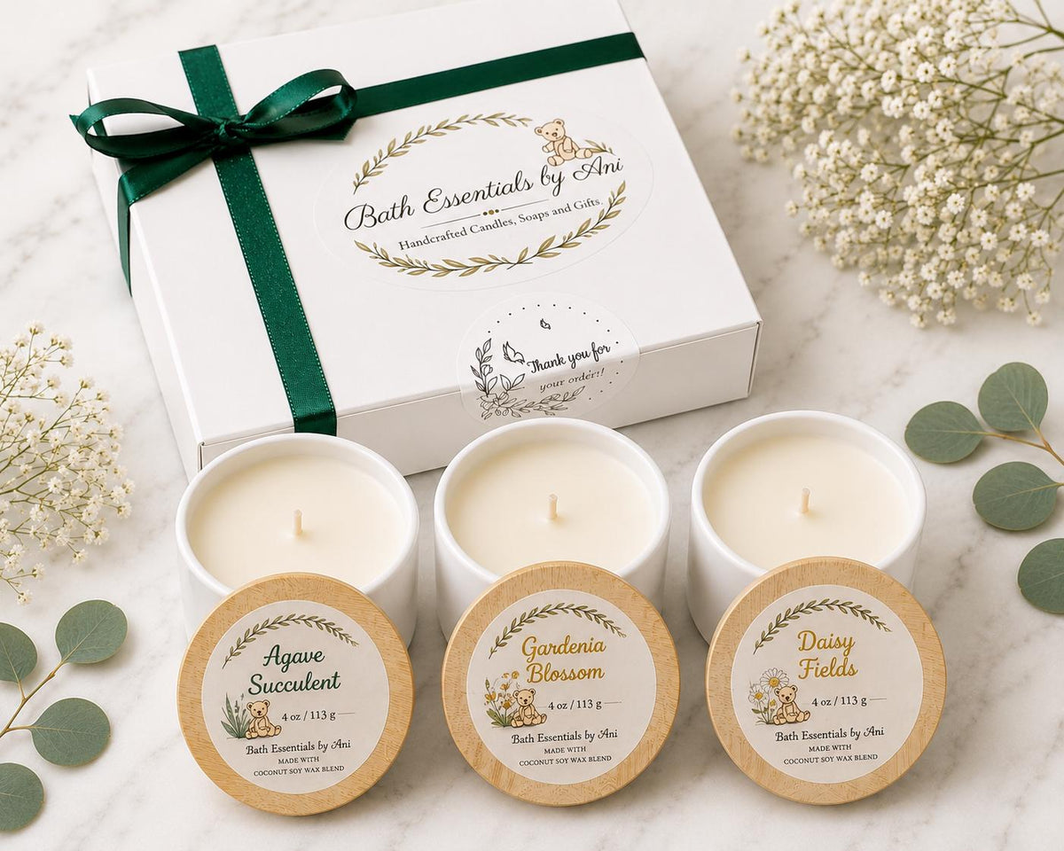 Coconut soy candle gift set with three mini tins labeled Agave, Gardenia, Daisy Fields in box